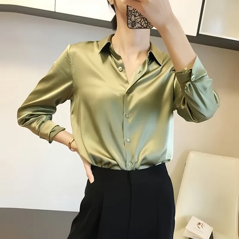 Color: green, Size: L - All-match Satin Finish Shirts And Blouses Women Clothing Casual Top OL Long Sleeve Button Elegant Shirts French Solid Blouses