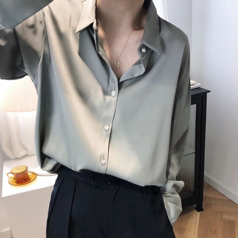 Color: green, Size: L - All-match Satin Finish Shirts And Blouses Women Clothing Casual Top OL Long Sleeve Button Elegant Shirts French Solid Blouses