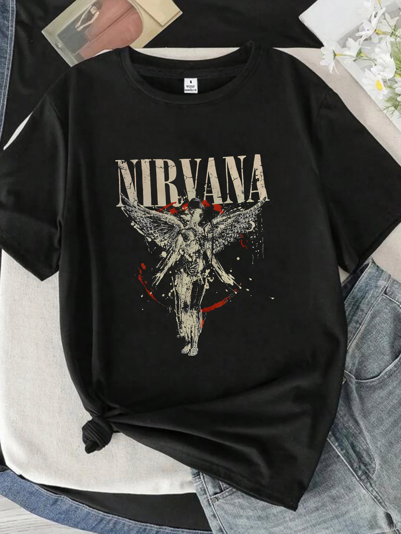Color: black, Size: S - 【0933?‘  Letters and angels Round neck women's T-shirt short sleeves fashion printed half-sleeve top elastic T-shirt