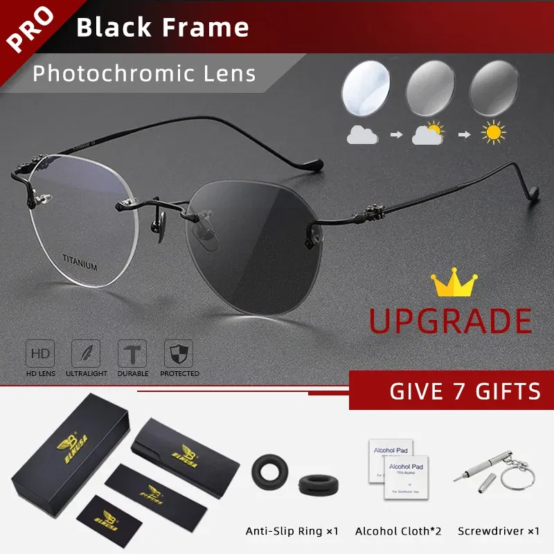 Frame Color: GRAY, Eye Prescription: +300 - BLMUSA Pure Titanium Rimless Anti-blue Light Reading Glasses for Men Round Photochromic Optical Prescription with MR-8 lens