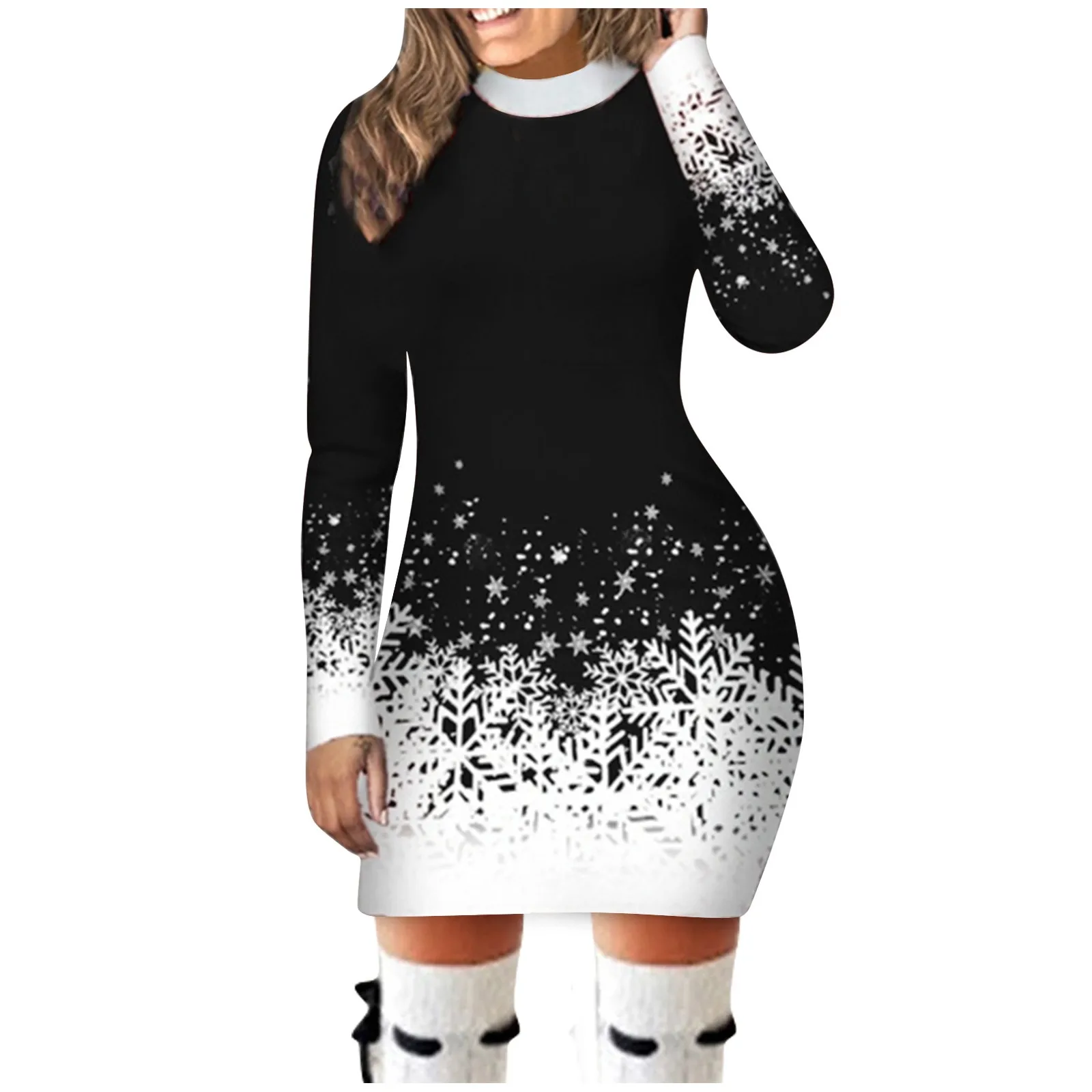 Color: Blue, Size: M, Ships From: CN - Women's Christmas Dress Hip Wrap Slim Fit Autumn Winter 2024 Dresses Round Neck Snowflake Printed Long-sleeved Party Clothes