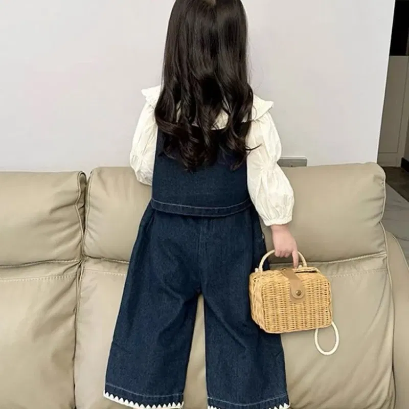 Color: Beige, Kid Size: 7T - Children's Sets 2025 Fall Girls' Denim Vest Set Stylish Shirt + Suspenders Outfit Trendy Toddler 2-Piece Jacket Ensemble