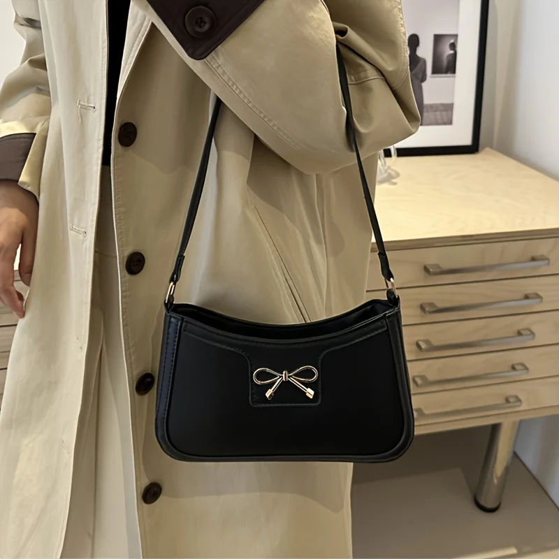 Color: Coffee - Solid Color Bowknot Shoulder Bag, Elegant Small Square Bag, Suitable for Women Handbags, Zipper Closure,Fashion Underarm Bag,