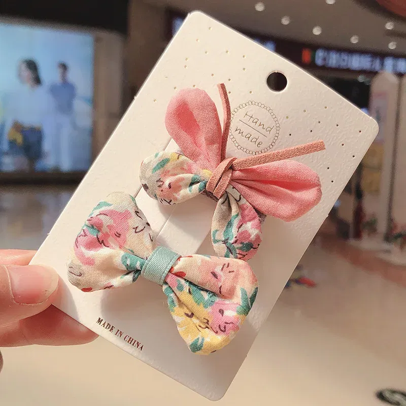 Color: SKY BLUE - 2PCS Set Children Girl Bow Butterfly Hair Clip Print Knot Hairpin Korean Princess Fresh Cute Lovely Hair Accessories Headdress