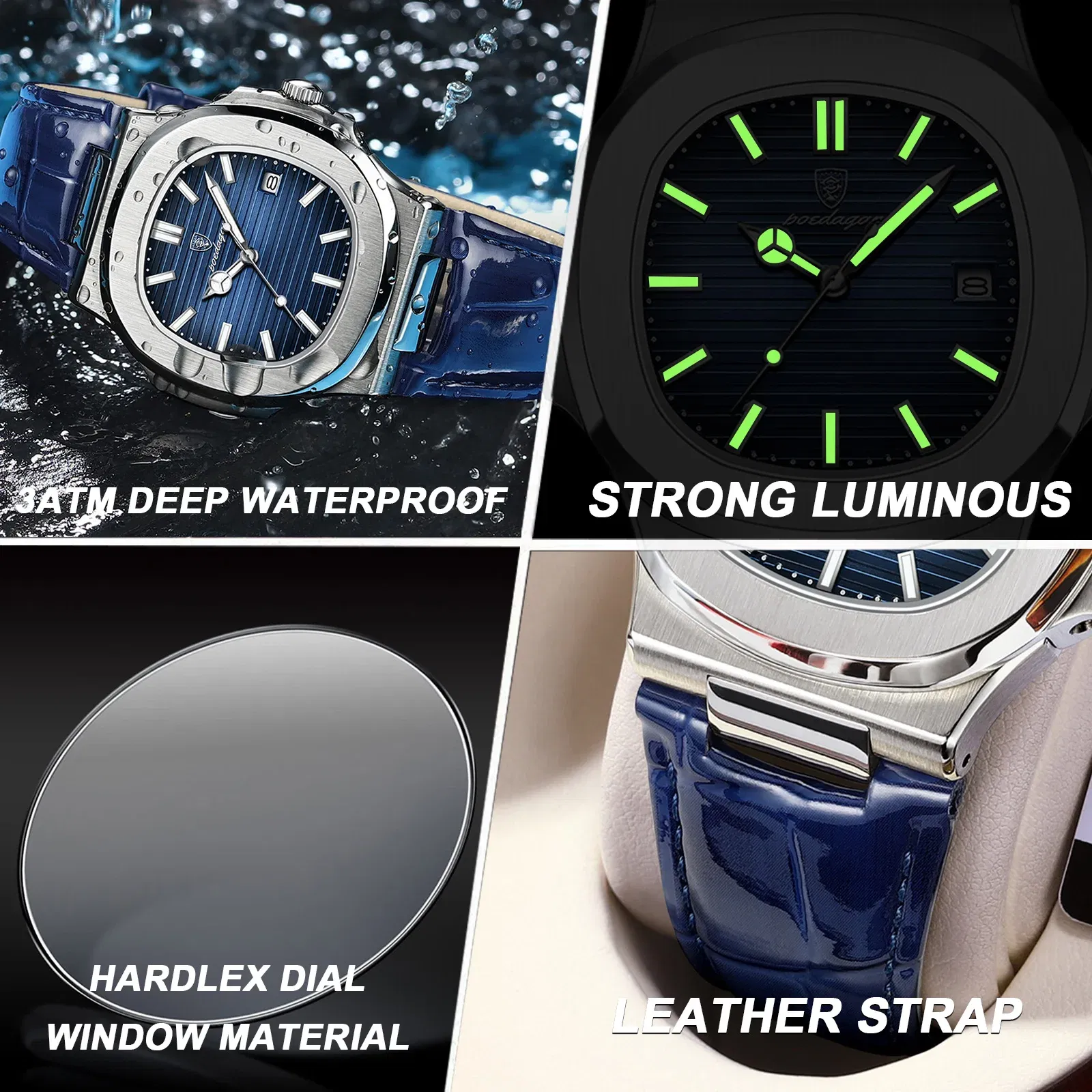 Color: BRONZE - POEDAGAR Luxury Man Wristwatch Waterproof Luminous Date Leather Men's Watches Sports Square Men Watch Casual Quartz Male Clocks