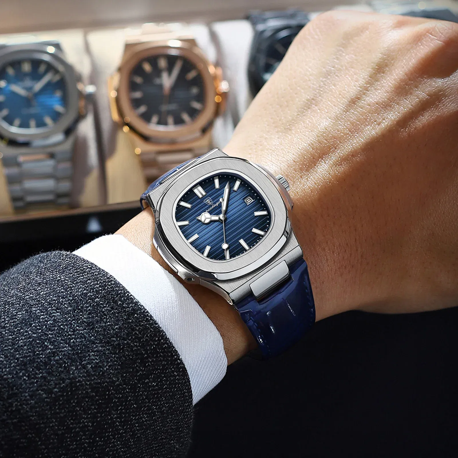 Color: BRONZE - POEDAGAR Luxury Man Wristwatch Waterproof Luminous Date Leather Men's Watches Sports Square Men Watch Casual Quartz Male Clocks