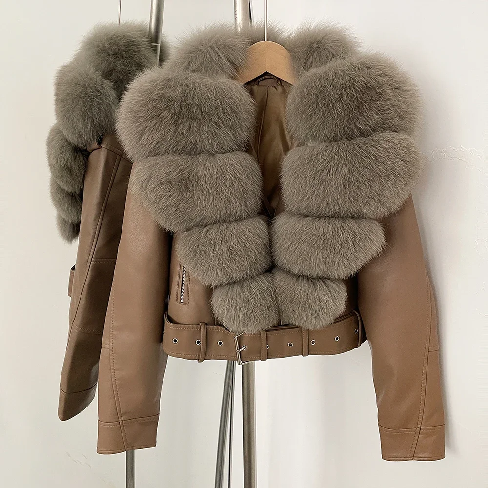 Color: Burgundy, Size: S - Fake Leather Coat New Natural Fox Fur Autumn Short Faux Leather Jacket Female Spring PU Women Long Sleeve Real Fur Coat Thin