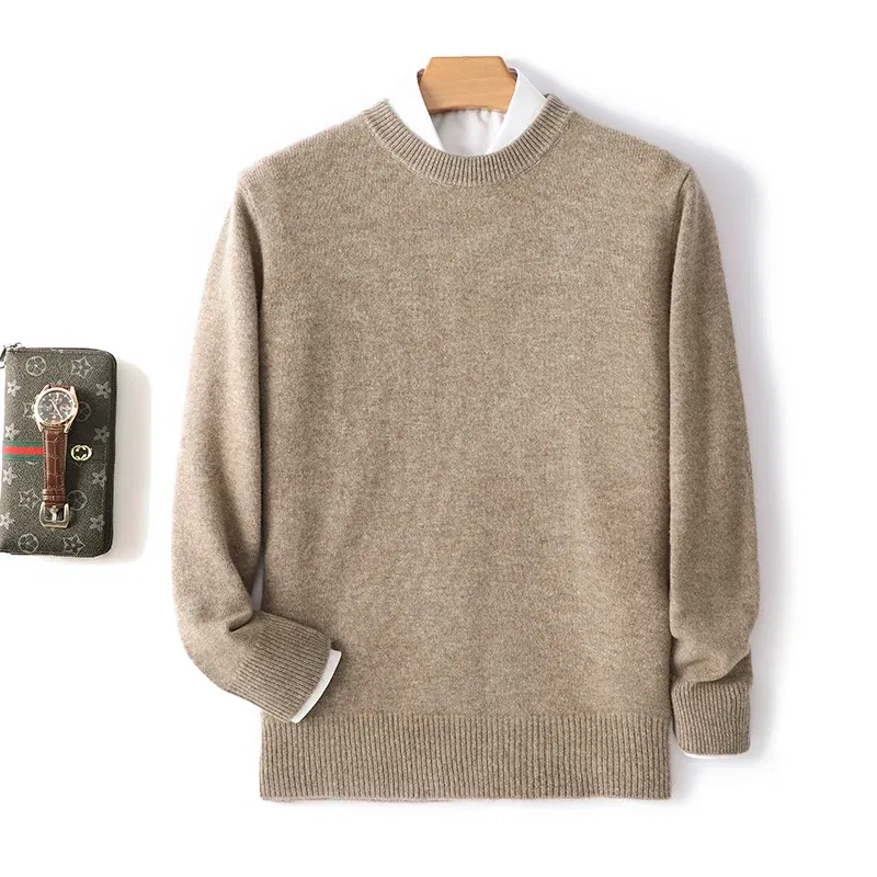 Color: Khaki, Size: XL, Ships From: CHINA - Men's 100% Pure Wool Cashmere Sweater O-Neck Pullover Knit Sweater Autumn and Winter New Long Sleeve High-End Jumpers Thick Tops