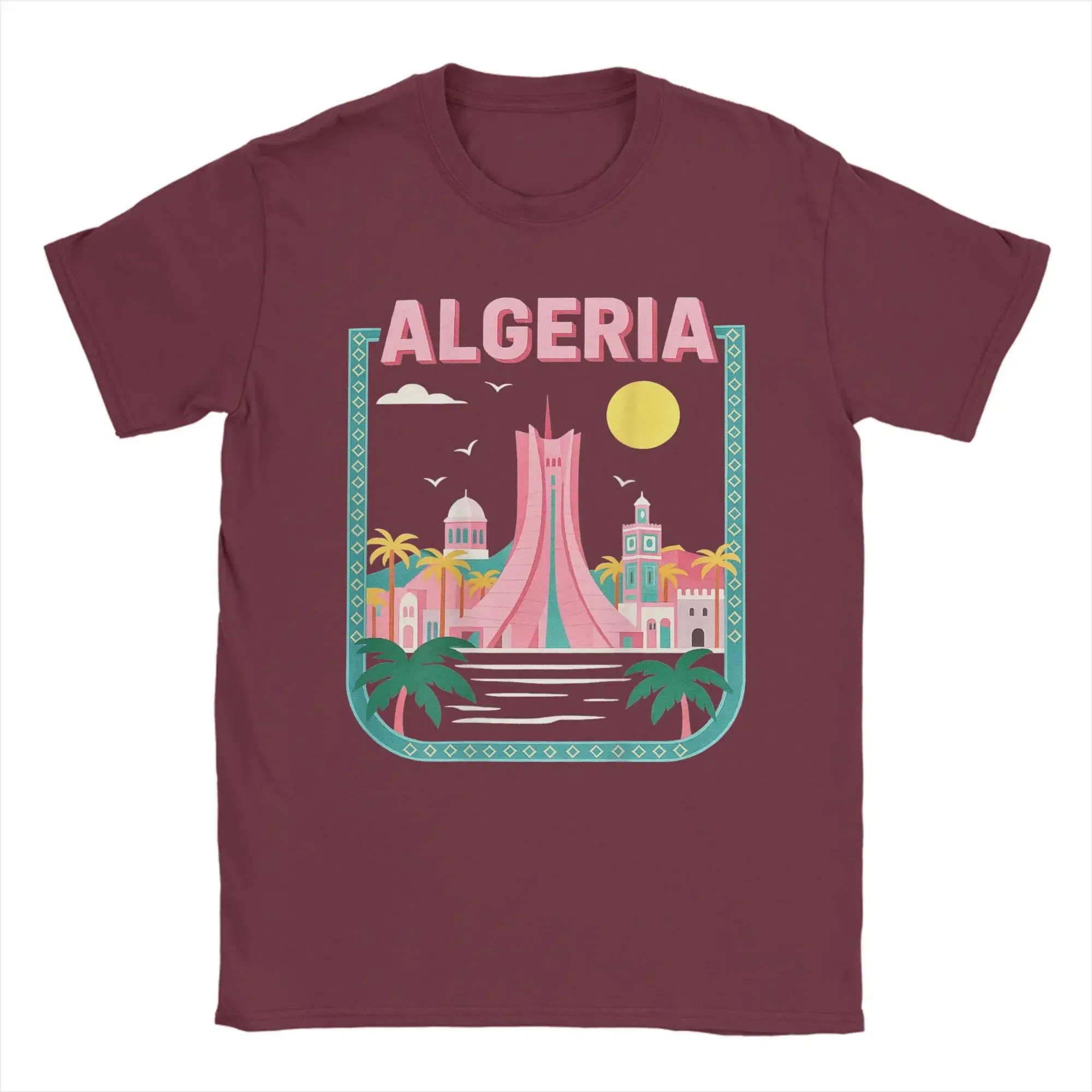 Color: Brown, Size: S - Men Algeria DZ City Algerian T Shirts Africa Arab Pure Cotton Clothes Hipster Short Sleeve Crewneck Tees Gift Idea T-Shirt