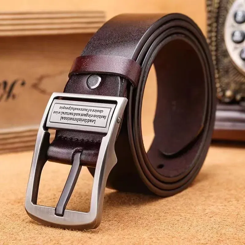 Color: WHITE, Belt Length: 125cm - New Leather Cowhide Men's Belt Fashion Metal Alloy Pin Buckle Adult Luxury Brand Jeans Business Casual Waist Male Strap Brand