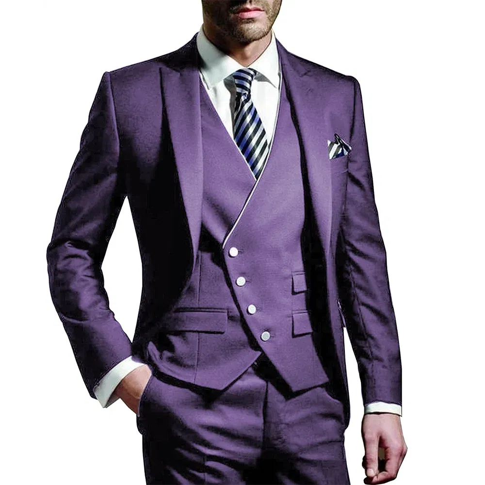 Color: PURPLE, Size: XS?€old?‰, Ships From: CHINA - White Men Wedding Suits Groom Wear Peak Lapel Wedding Groom Tuxedos Business Party Suit 3 Pieces (Jacket+Vest+Pant?‰Costume Homme