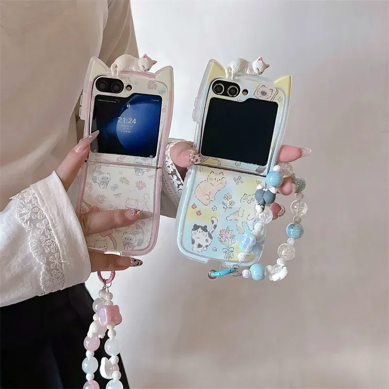 Color: Beige, Material: Nylon - 3D Flower Cat Bracelet Phone Case For Samsung Galaxy Z Flip 7 FE 6 5 4 3 ZFlip6 Z Flip6 ZFlip 6 Cat Ears Shockproof Cover