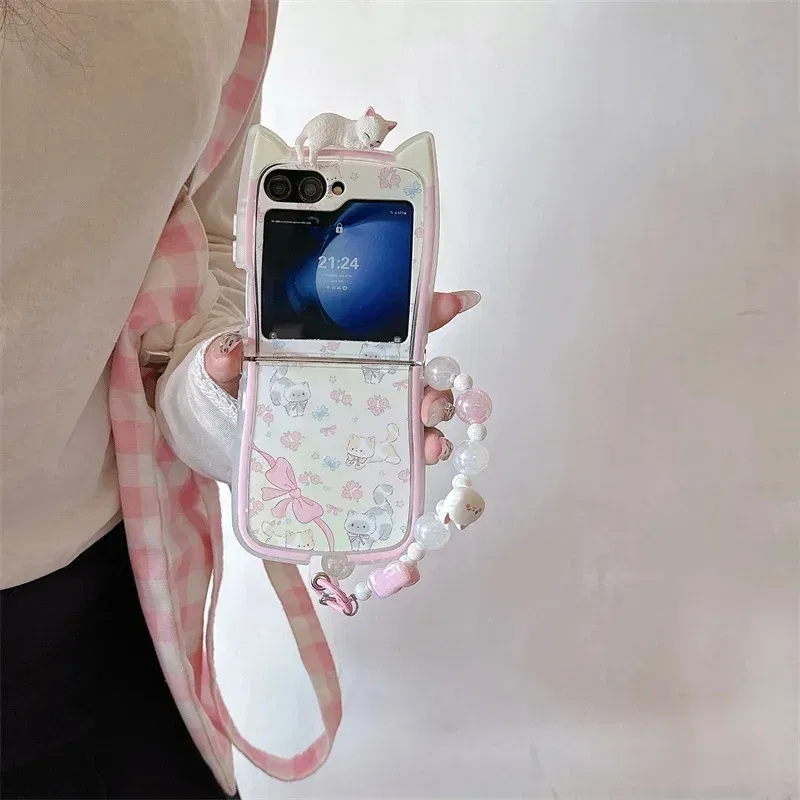 Color: Beige, Material: Nylon - 3D Flower Cat Bracelet Phone Case For Samsung Galaxy Z Flip 7 FE 6 5 4 3 ZFlip6 Z Flip6 ZFlip 6 Cat Ears Shockproof Cover