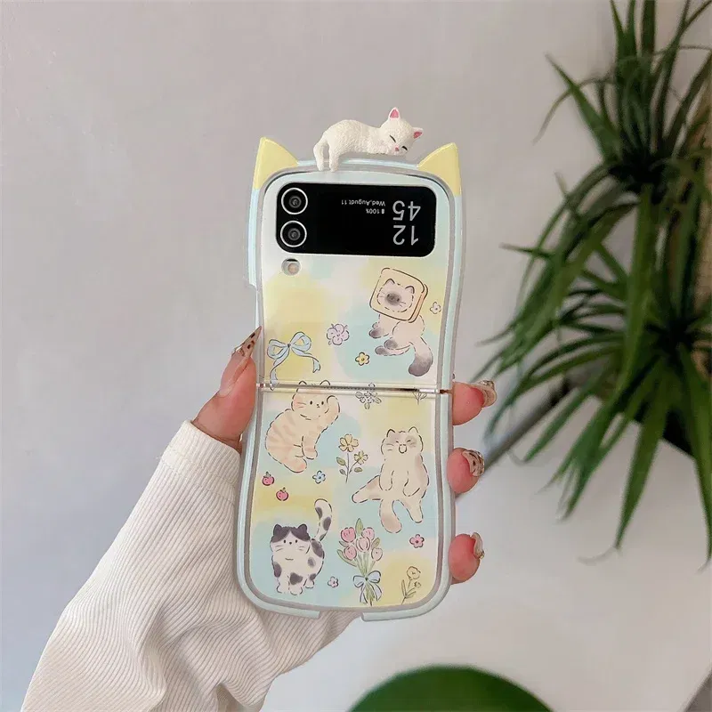 Color: Beige, Material: Nylon - 3D Flower Cat Bracelet Phone Case For Samsung Galaxy Z Flip 7 FE 6 5 4 3 ZFlip6 Z Flip6 ZFlip 6 Cat Ears Shockproof Cover