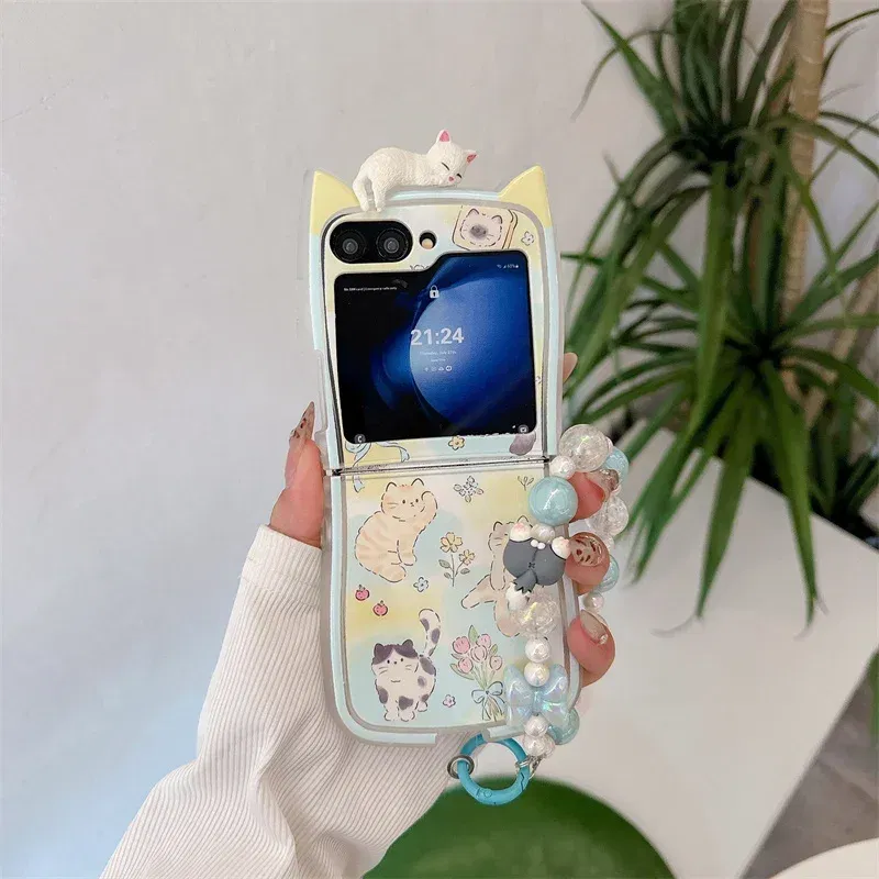 Color: Beige, Material: Nylon - 3D Flower Cat Bracelet Phone Case For Samsung Galaxy Z Flip 7 FE 6 5 4 3 ZFlip6 Z Flip6 ZFlip 6 Cat Ears Shockproof Cover