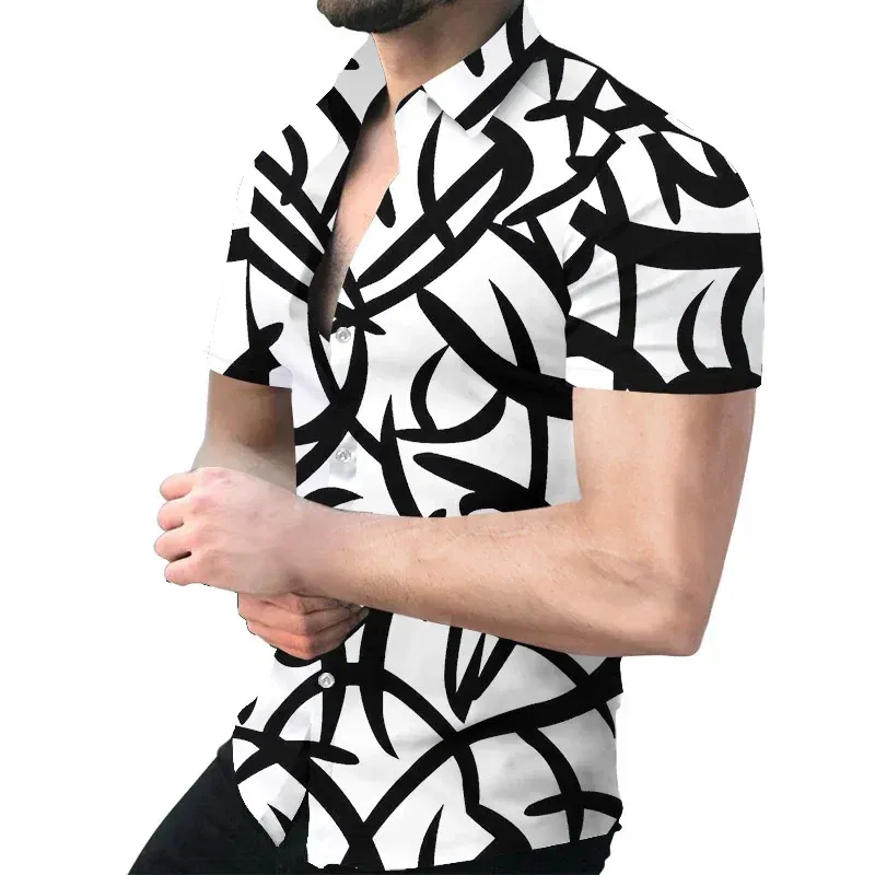 Color: black, Size: M - 3D Men's Striped Printed Short Sleeve Shirt, Fashionable And Casual Loose Shirt, 2023 New Style.
