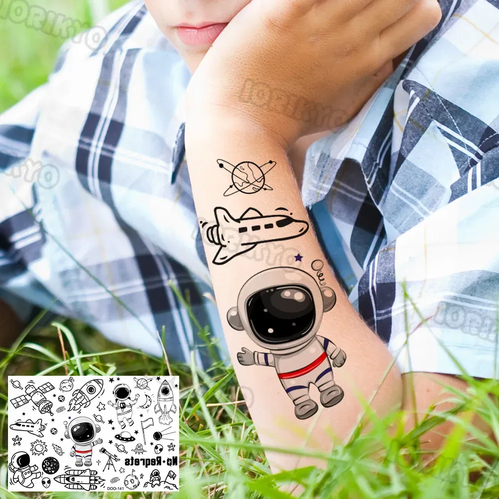 Color: green - Airplane Spaceman Temporary Tattoos For Kids Face Neck Boy Girls Adult Fake Planets Astronaut Tattoo Sticker Black Cartoon Tatoo