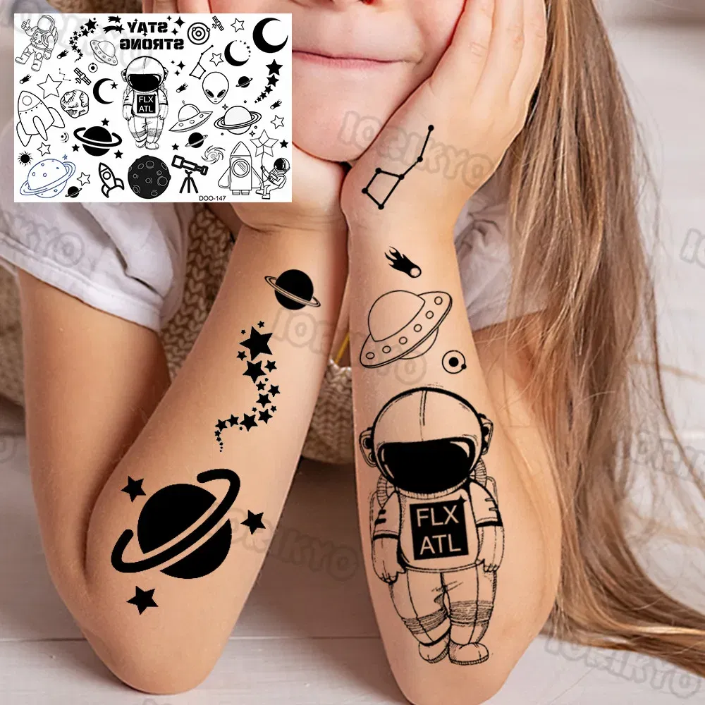 Color: green - Airplane Spaceman Temporary Tattoos For Kids Face Neck Boy Girls Adult Fake Planets Astronaut Tattoo Sticker Black Cartoon Tatoo