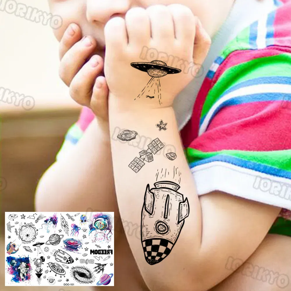 Color: green - Airplane Spaceman Temporary Tattoos For Kids Face Neck Boy Girls Adult Fake Planets Astronaut Tattoo Sticker Black Cartoon Tatoo