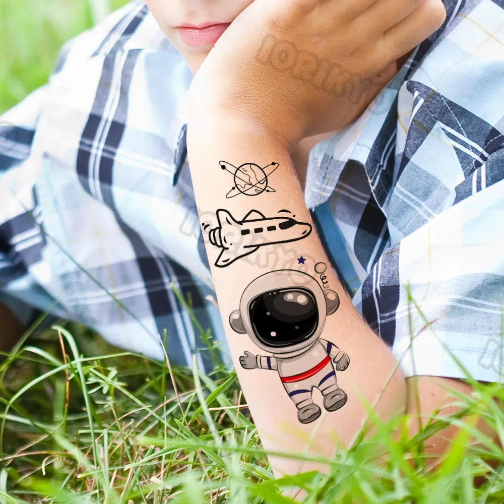Color: green - Airplane Spaceman Temporary Tattoos For Kids Face Neck Boy Girls Adult Fake Planets Astronaut Tattoo Sticker Black Cartoon Tatoo