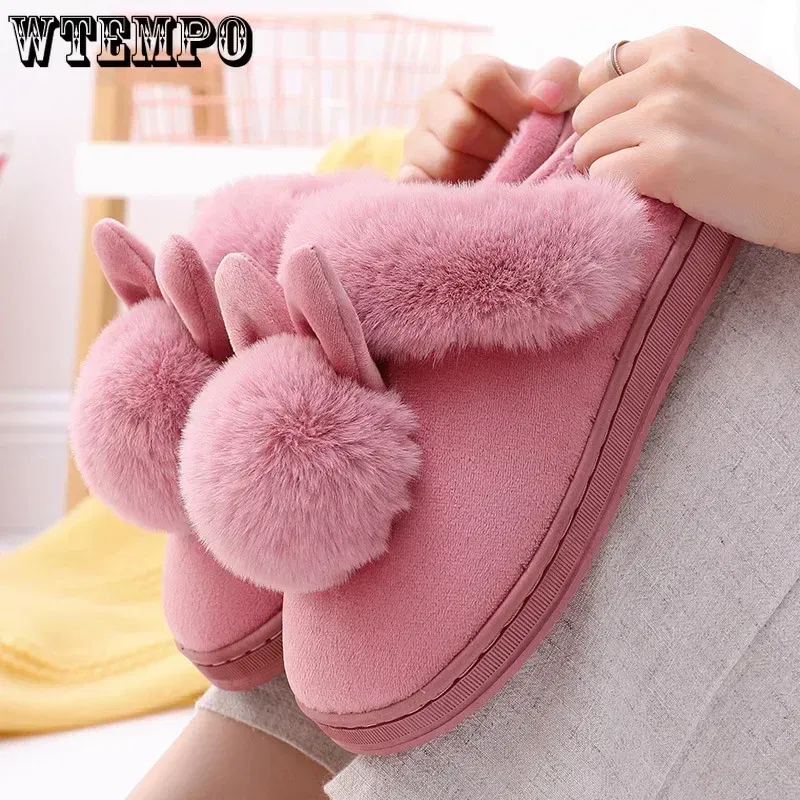 Color: Beige, Shoe Size: 4 - WTEMPO Fluffy House Shoes Women Winter Warm Slippers Cute Rabbit Ears Female Furry Plush Slippers Home Indoor Ladies Soft Shoes
