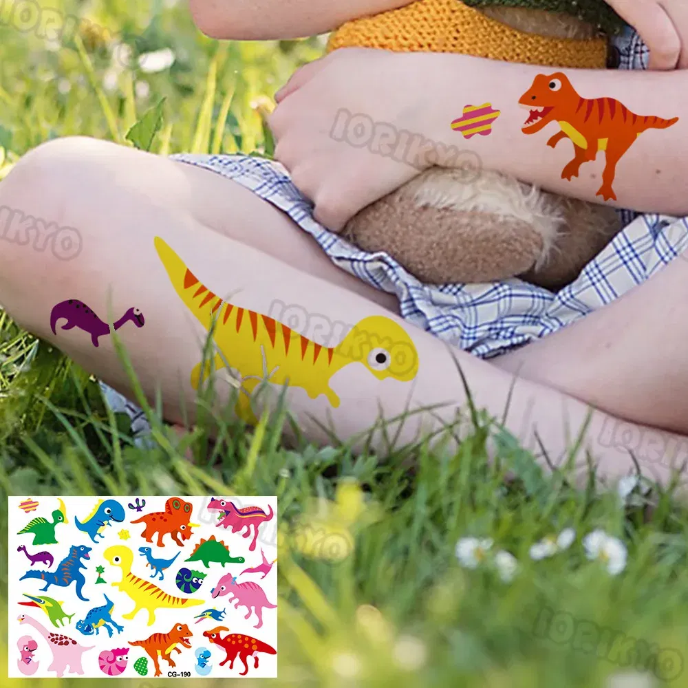 Color: monochrome - Colorful Dino Temporary Tattoos For Kids Boys Girl Baby Fake Jurassic Dinosaur Tattoo Sticker Small Cute Tatoos Face Hands