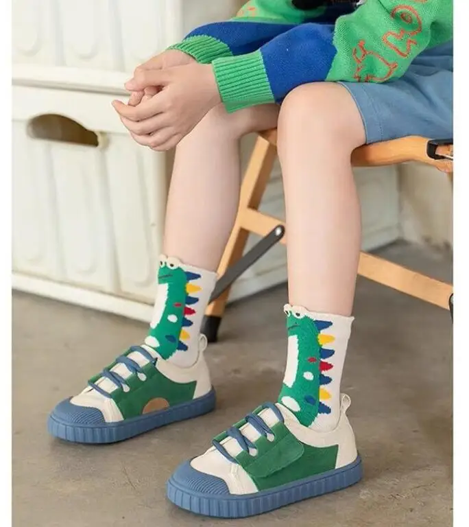 Color: black, Size: 4-6T - Children's Socks Autumn Boys Cartoon Dinosaur Socks 1-14T Kids Cotton Socks Student Sporty Socks 5 Pairs