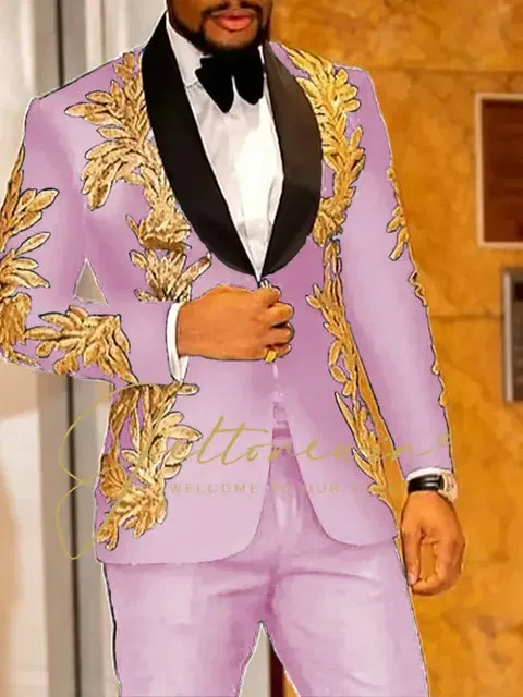 Color: Pink, Size: L - Luxury Groom Wedding Tuxedos Gold Sequins Appliques Black Men Suits Slim Fit Costume Homme Marriage Prom Suits