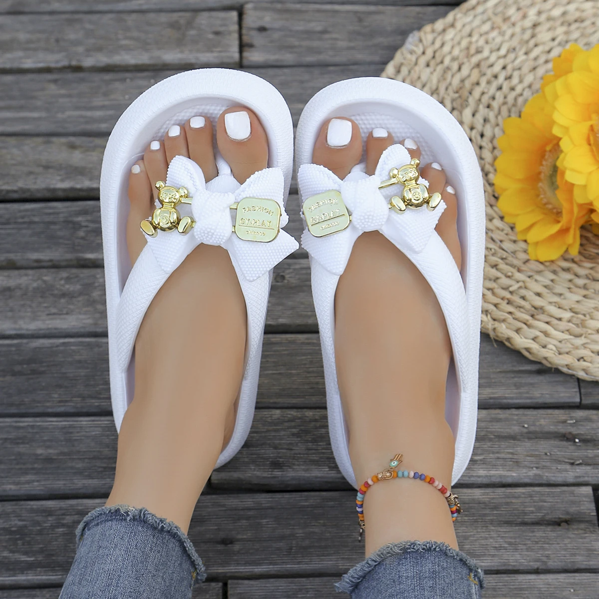 Color: Dark Grey, Shoe Size: 36-37 - Summer Multi Color Women's Flip Flops Fashionable Metallic Teddy Bear Bow Slide Sandal Beach Vacation Home Versatile Footwear
