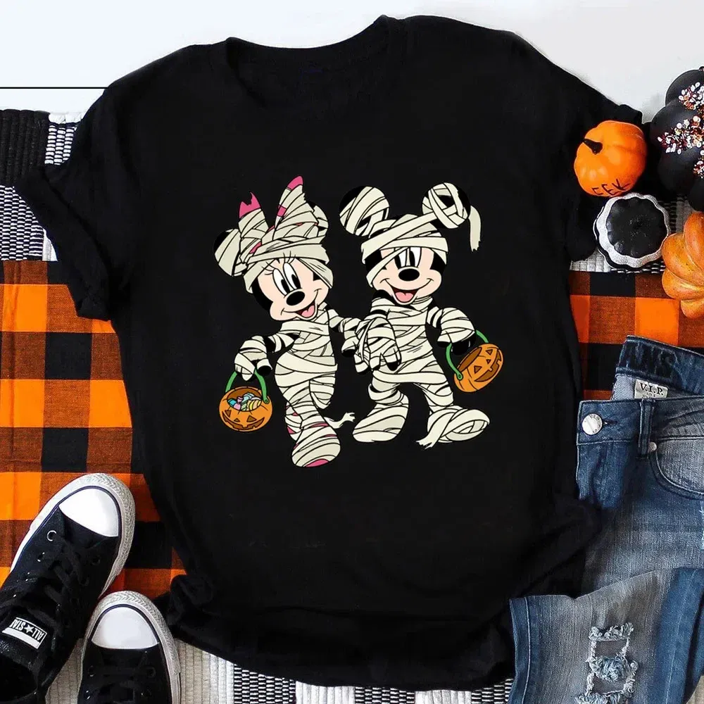 Color: Beige, Kid Size: 2T - Funny Mickey Minnie Mummy Print Disney Children Cotton T Shirts Trick Treat Fashion Halloween Cute Kid Clothes Girls Streetwear