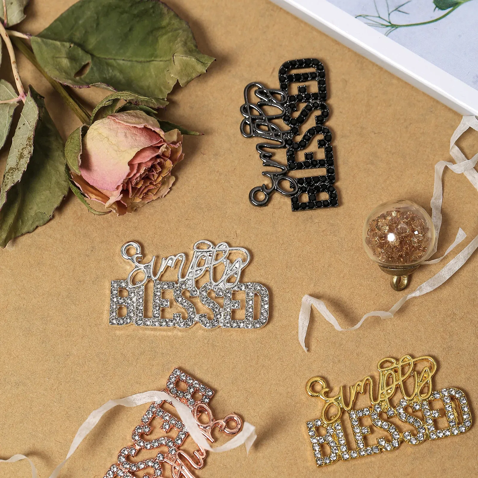 Metal color: Gold-color, Ships From: CHINA - 10pcs Rhinestone BLESSD Letter Charms for DIY Bracelet Bangle Making LTC0419-LTC0422