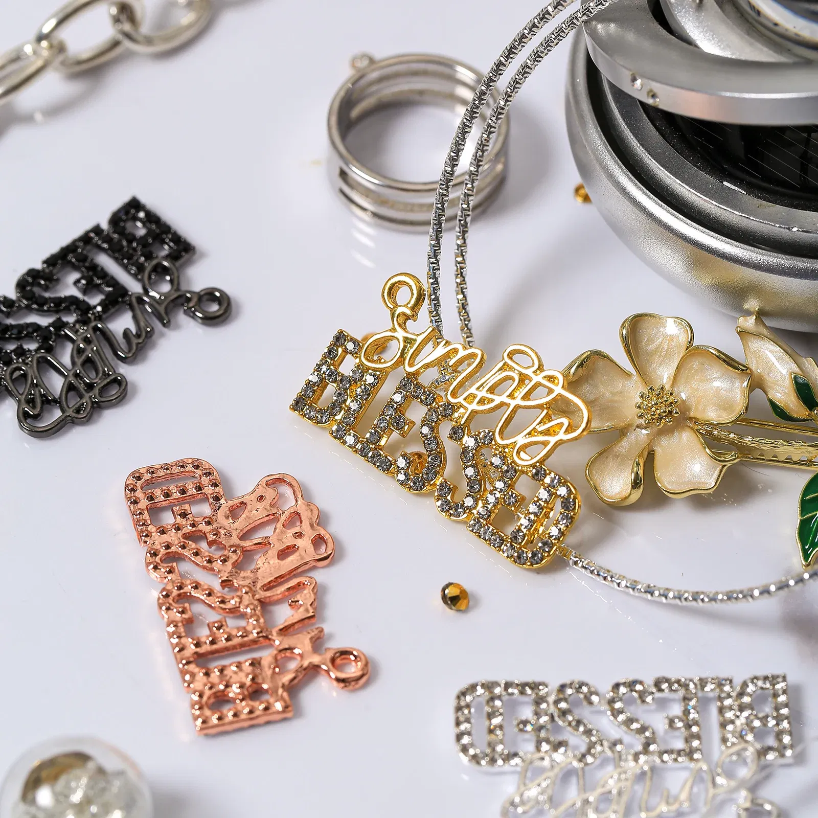 Metal color: Gold-color, Ships From: CHINA - 10pcs Rhinestone BLESSD Letter Charms for DIY Bracelet Bangle Making LTC0419-LTC0422