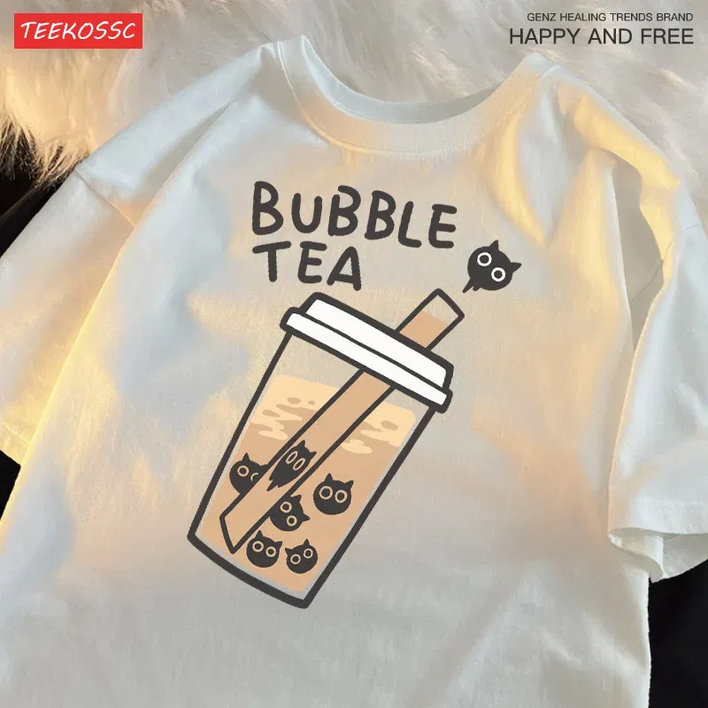 Color: black, Size: S - Cat Pearl Milk Tea Cartoonmans T Shirt Fitting Loose Tee Clothing Leisure Shoulder Drop T-Shirts Pleasure Cool Short Sleeved