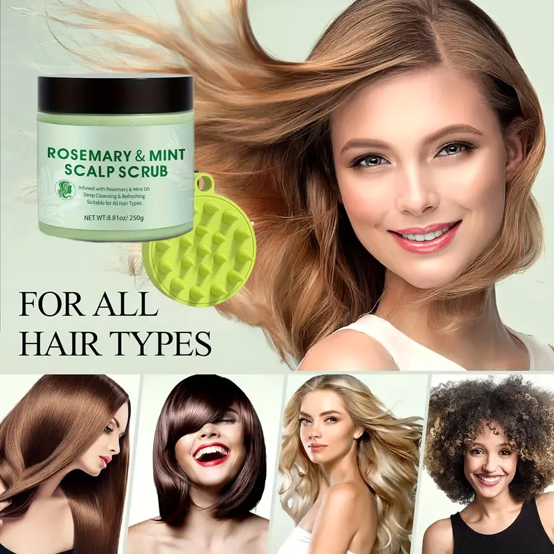 Rosemary & Peppermint Scalp Scrub - 250g Deep Cleansing Shampoo with Massager for All Hair Types