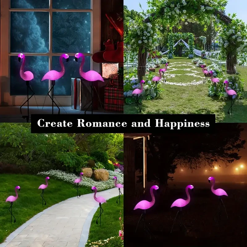 3pcs Solar Flamingo Garden Lights - Pink LED Stake Lights for Garden, Lawn, Patio & Pathways