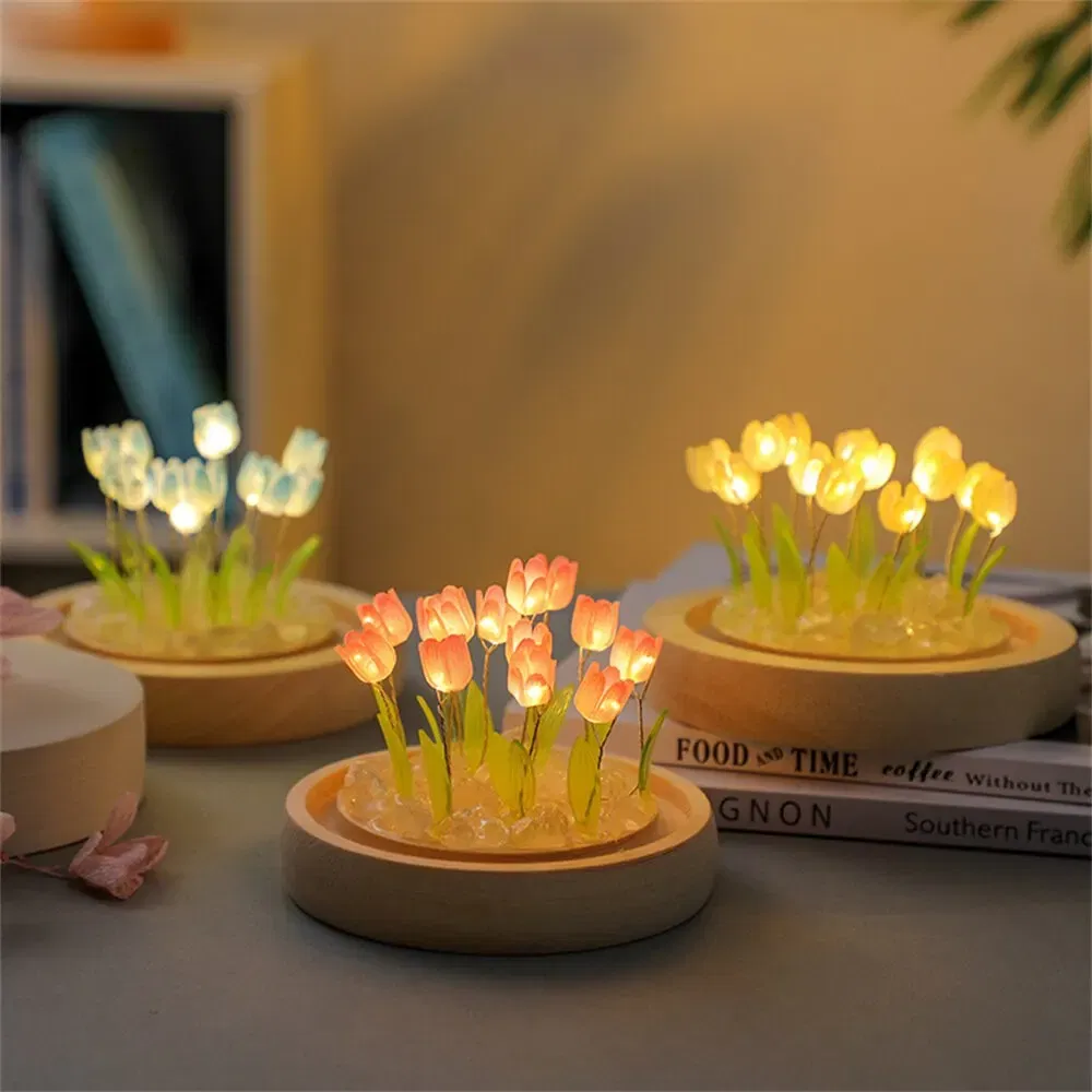 Color: Blue - Artificial Tulip Flower Night Light Handmade DIY Bedside Lamp LED Night Lamp Bedroom Decor Christmas Birthday Gifts Table Lamp
