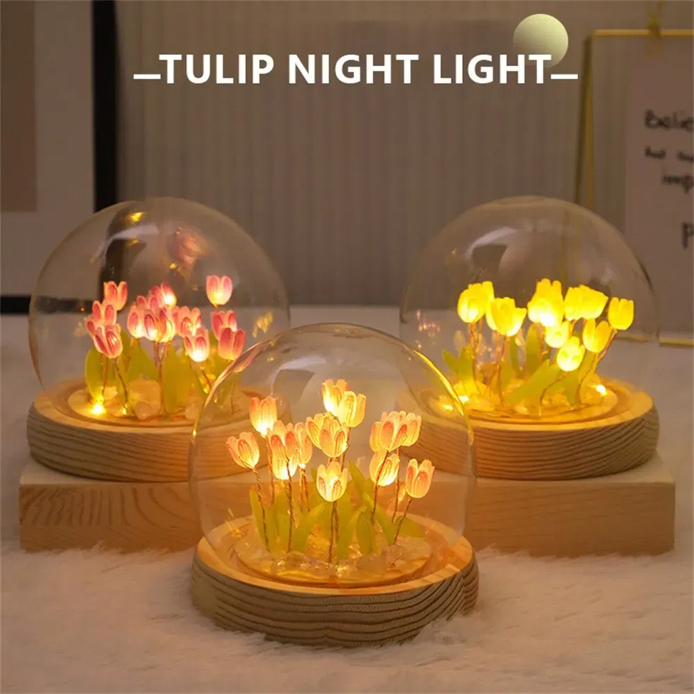 Color: Blue - Artificial Tulip Flower Night Light Handmade DIY Bedside Lamp LED Night Lamp Bedroom Decor Christmas Birthday Gifts Table Lamp