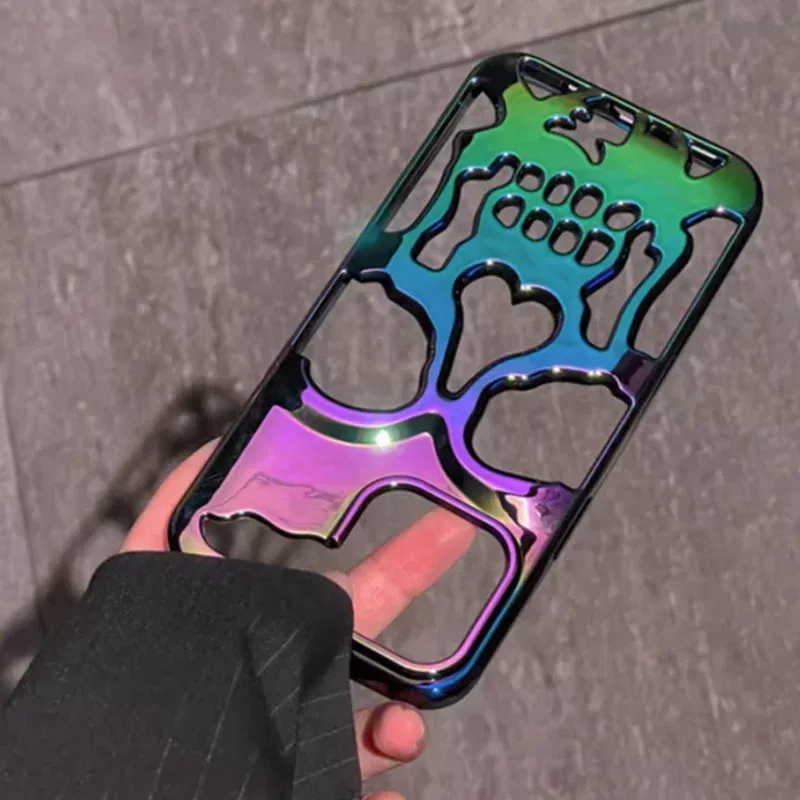Color: Army Green, Material: PE - 3D Skull Ghostface Phone Case for iPhone 14 15 ProMax 11 12 13 Pro Max Plus Fashion Hollow Heat Dissipation Plating Slim Cover