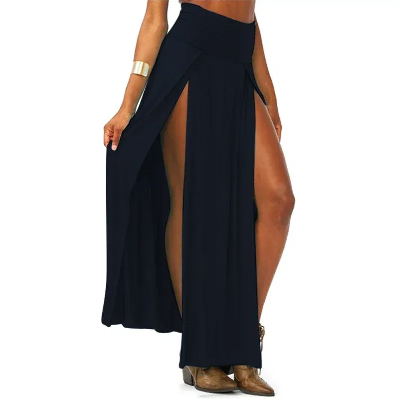 Color: black, Size: One Size - New Arrival High Waisted Sexy Womens Double Slits Summer Solid Long Maxi Skirt Wholesale 51 Valentine's Day Gifts