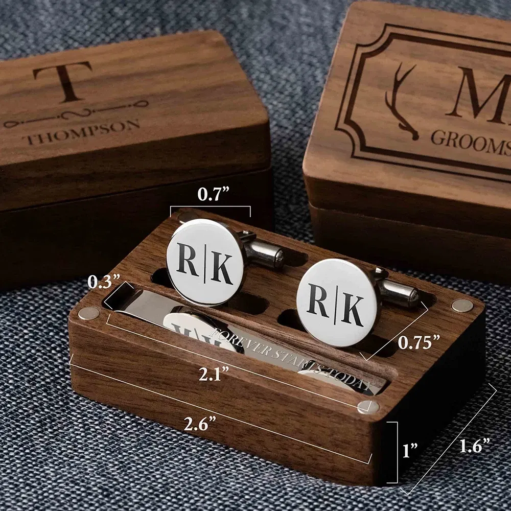 Color: Deep Sapphire, Size: M - Custom Metal Cufflinks Tie Clip & Rectangle Gift Box Engraved Gift for Dad and Groomsmen Personalized Best Man Cufflinks Set