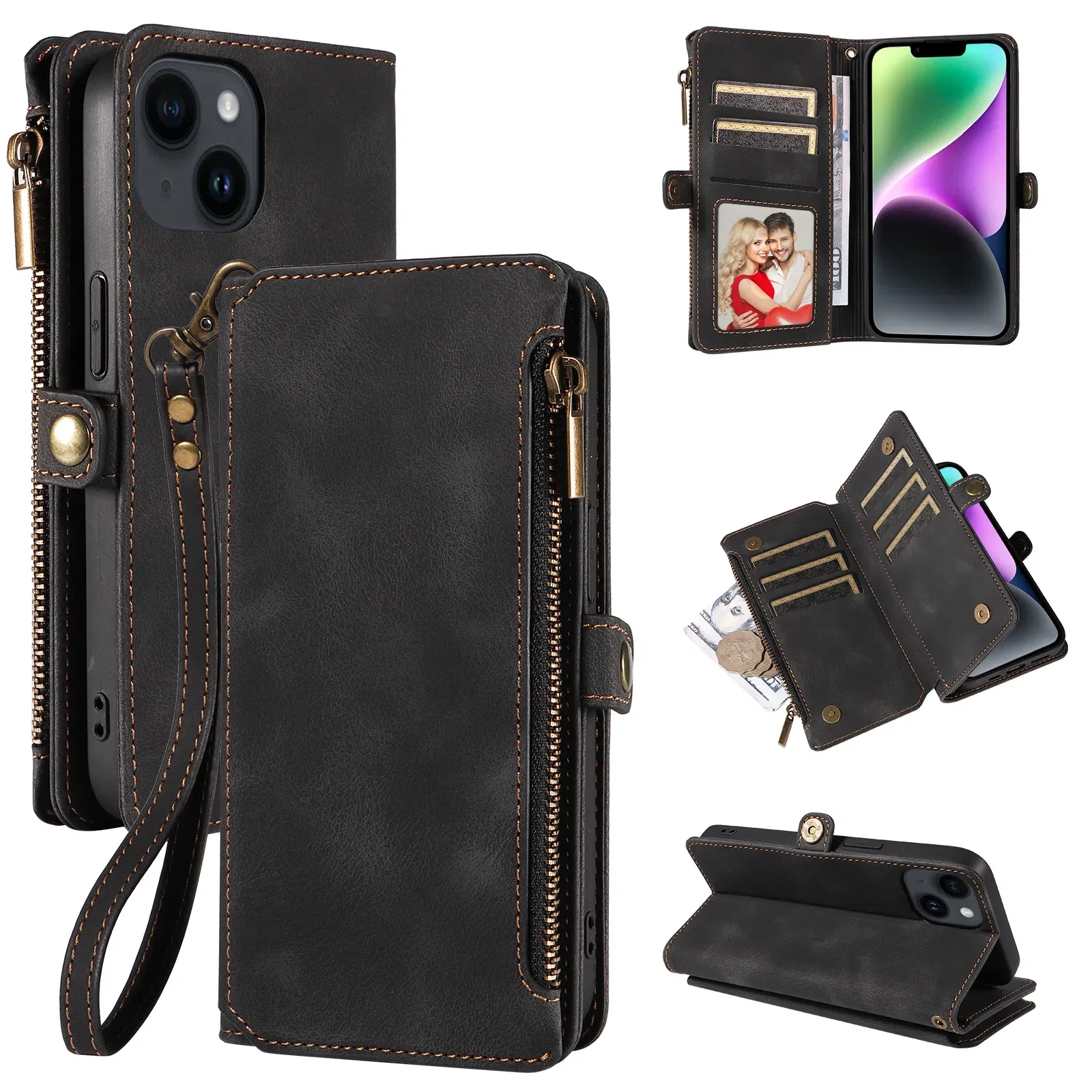 Color: black, Material: PP - Zipper Multi 9 Cards Wallet Case for OPPO Reno 12 10 8 7 6 5 Pro 11F 11A 8T 6Z 5Z Retro Leather Lanyard Wrist Strap Phone Cover
