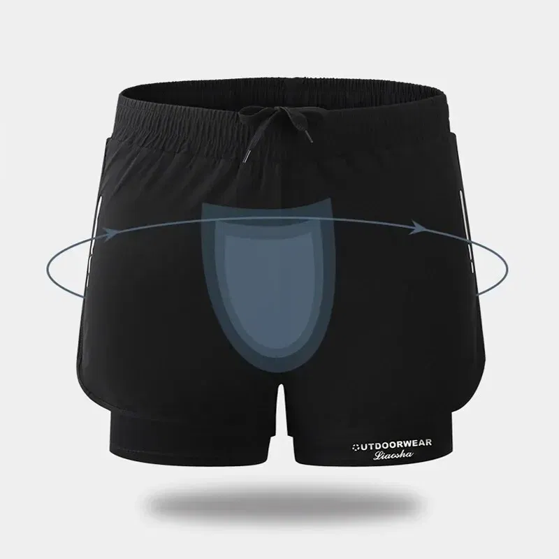 Size: 4XL, Color: Black - Summer High Quality Sports Double-layer Breathable Men's Running Fitness Belt Lined With Non-slip Loose Swimming Trunks