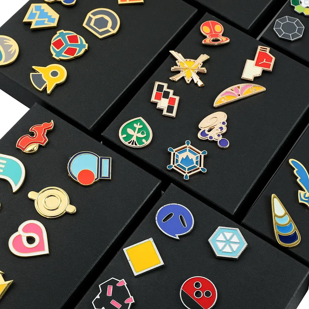 Metal color: Pure Gold Color - Pokemon Gym Badges Kanto Johto Hoenn Sinnoh Unova Kalos League Region Orange Islands Pins Brooches Box Set Pocket Monster