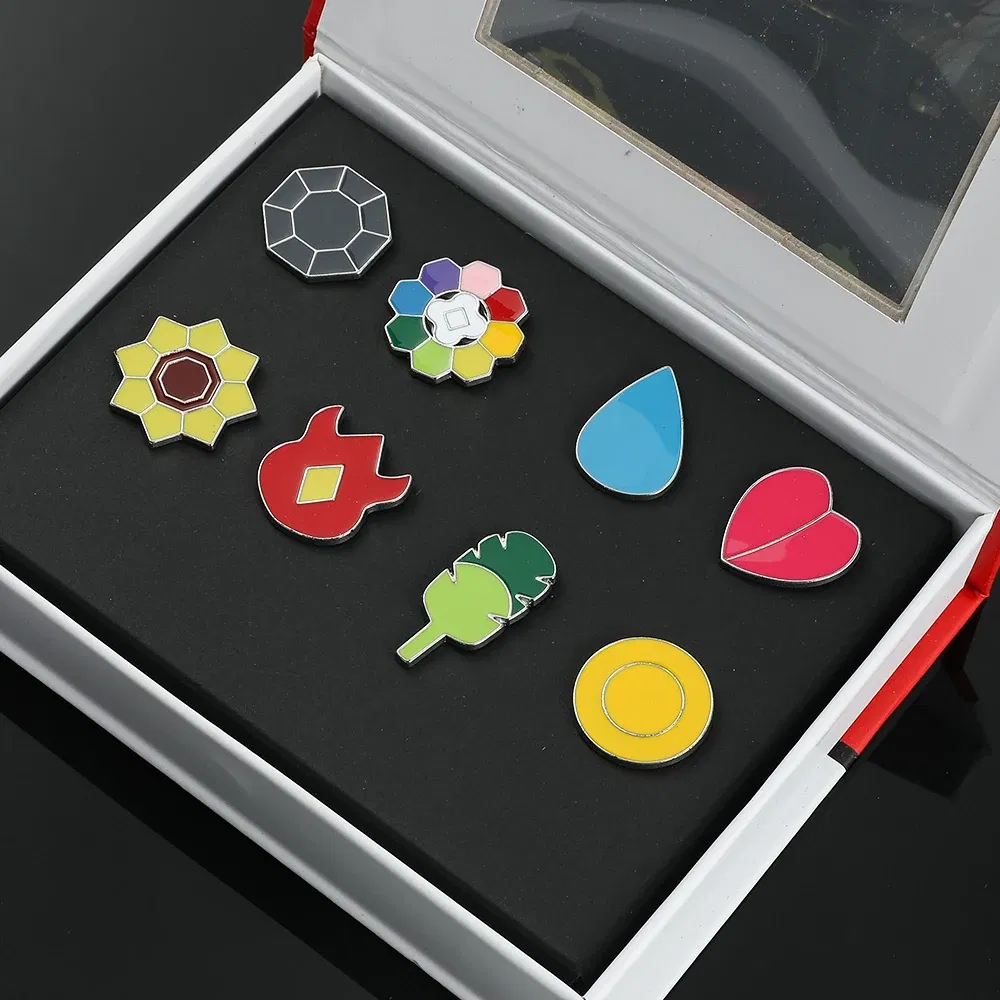 Metal color: Pure Gold Color - Pokemon Gym Badges Kanto Johto Hoenn Sinnoh Unova Kalos League Region Orange Islands Pins Brooches Box Set Pocket Monster