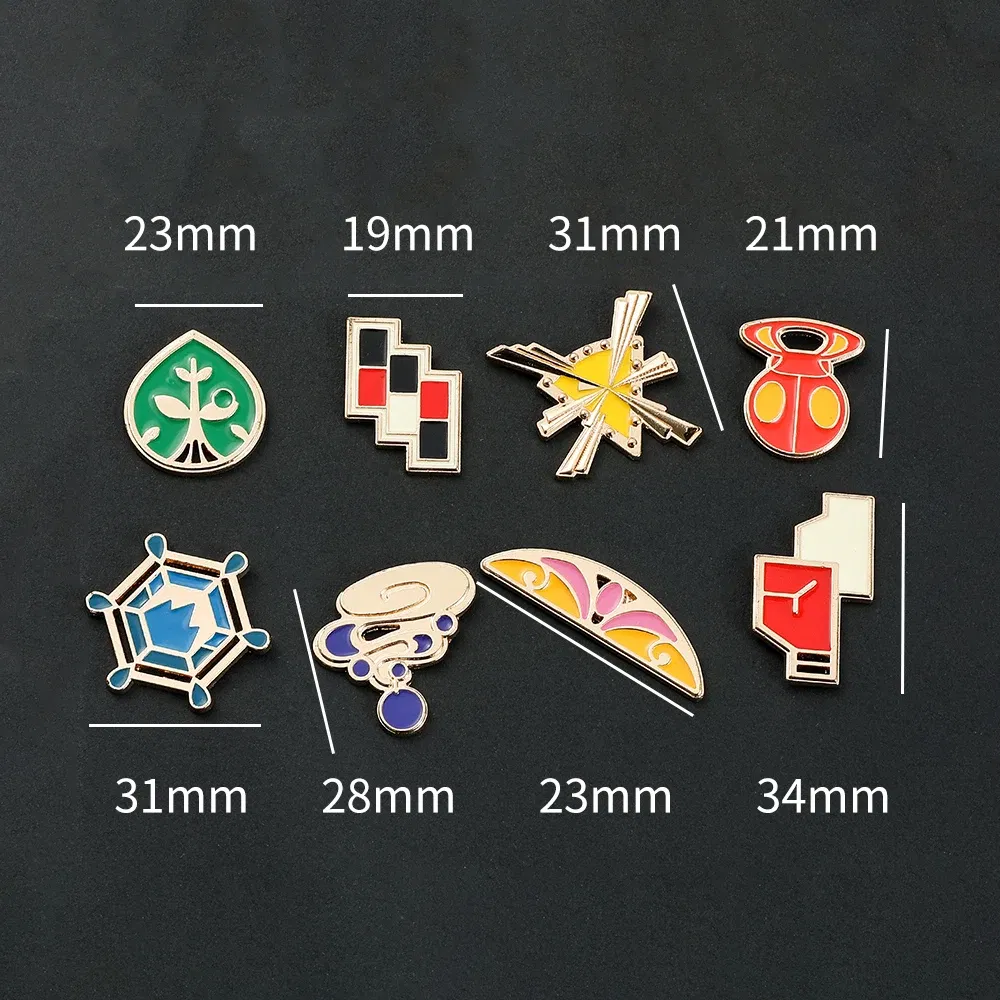 Metal color: Pure Gold Color - Pokemon Gym Badges Kanto Johto Hoenn Sinnoh Unova Kalos League Region Orange Islands Pins Brooches Box Set Pocket Monster
