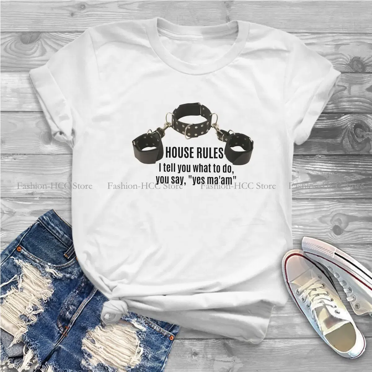 Color: WHITE, Size: XXL - BDSM Bondage Discipline Dominance Submission Polyester TShirts Collar Cuffs House Rules Female Print Homme T Shirt Hipster Tops