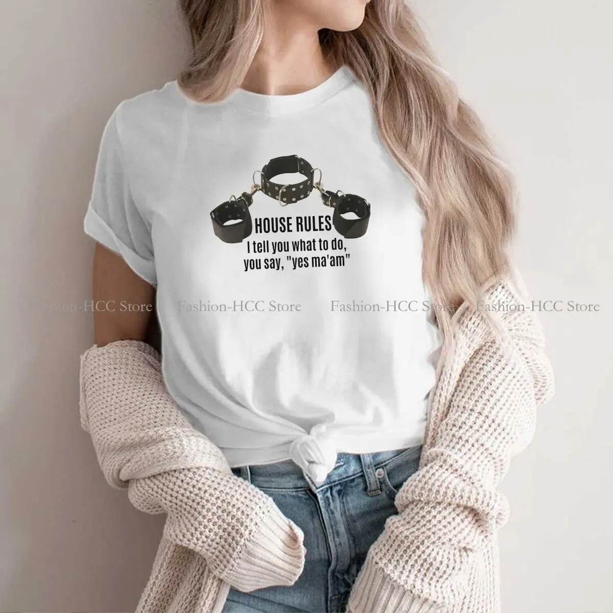 Color: WHITE, Size: XXL - BDSM Bondage Discipline Dominance Submission Polyester TShirts Collar Cuffs House Rules Female Print Homme T Shirt Hipster Tops