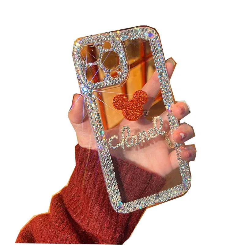 Color: black, Material: Genuine leather - Bling Glitter 3D cute cartoon Diamond soft silicon phone case For iphone 15 14 13 12 11 Pro Max 7 8 Plus X XS XR MAX Clear Cover