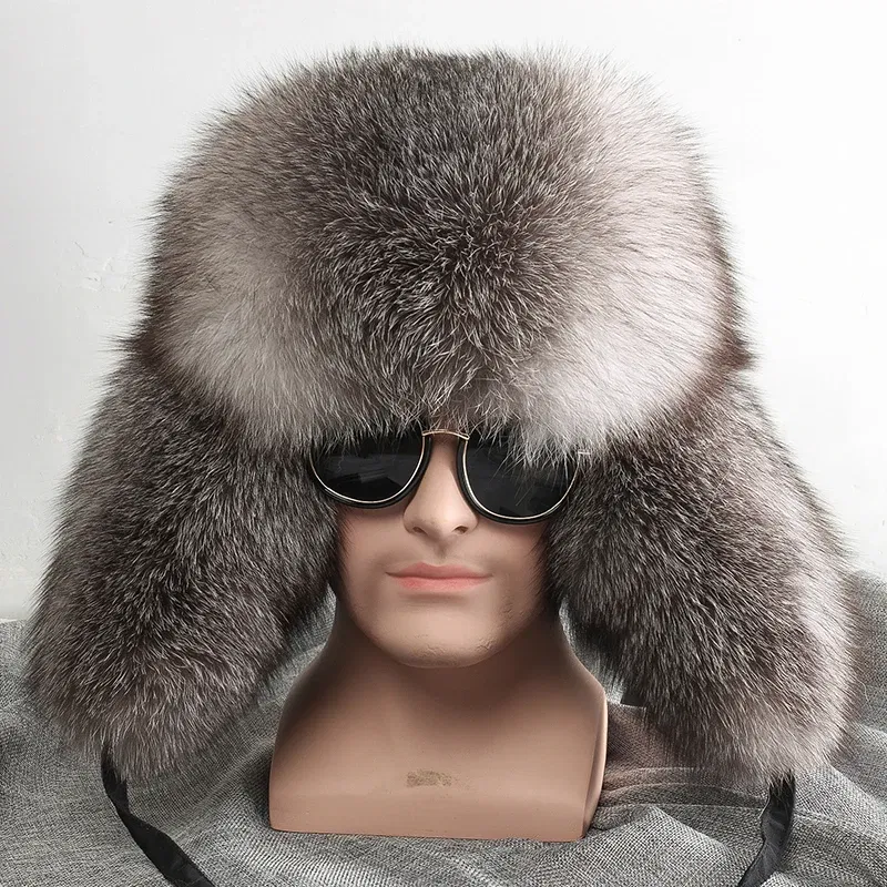 Color: Pink, Hat Size: 57 - 2025 Winter 100% Real Silver Fox Fur Bomber Hat Raccoon Fur Ushanka Cap Trapper Russian Men's Ski Hats Caps