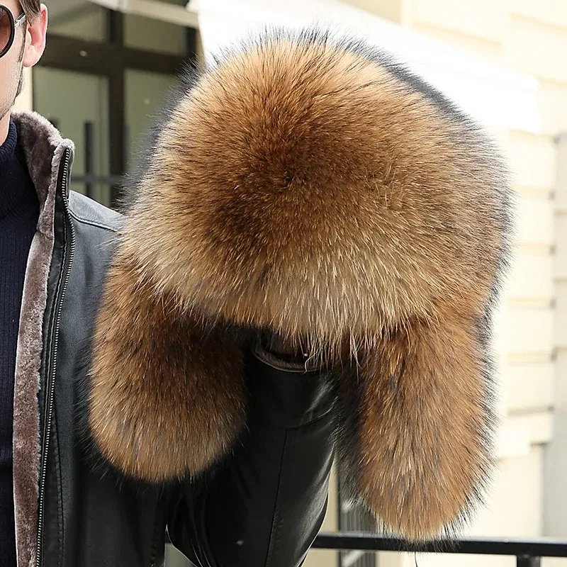 Color: Pink, Hat Size: 57 - 2025 Winter 100% Real Silver Fox Fur Bomber Hat Raccoon Fur Ushanka Cap Trapper Russian Men's Ski Hats Caps